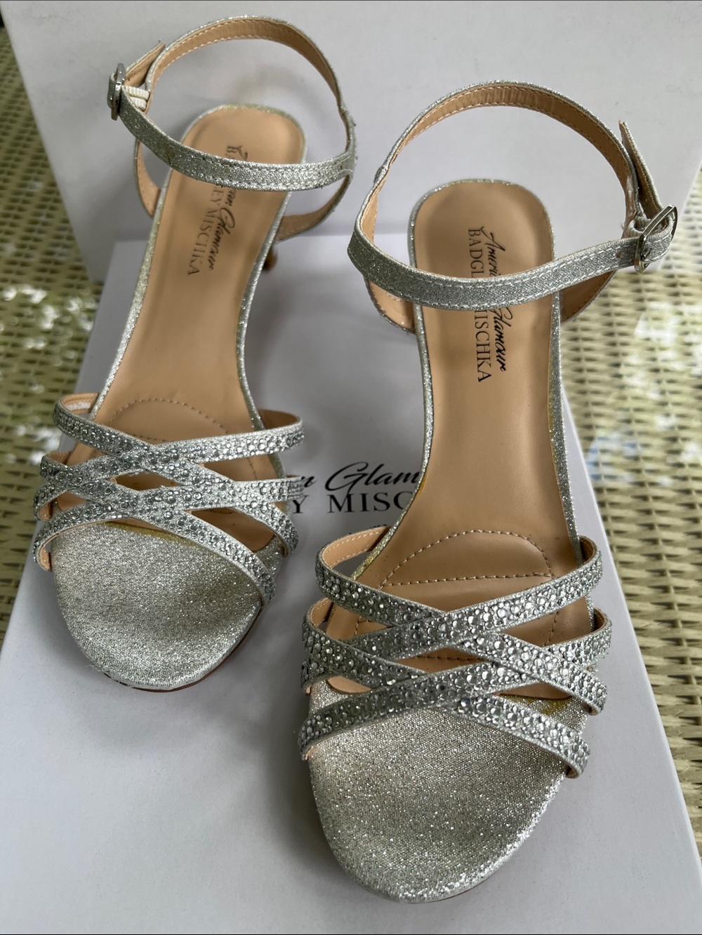 Badgley Mischka Silver Glitter Crystal-Strap Sandals